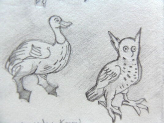 2024.11.03 - pencil reproductions of what look like a goose and an owl